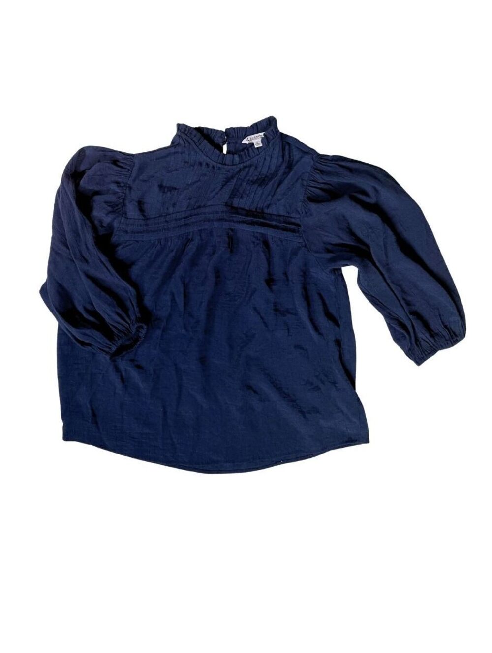 Nanette Lepore Women’s Navy Pintuck Ruffle Neck Puff Sleeve Blouse | L